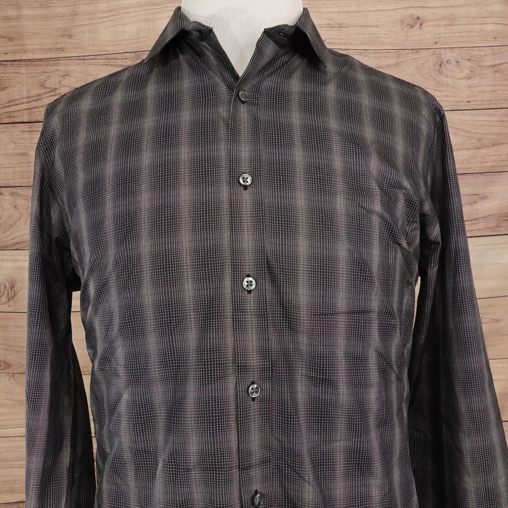 Bar III Dress Shirt Mens 16.5 36/37 L Slim Fit Black Check Stretch Easy Care